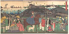 Foreigners Visiting the Famous Site of Mt. Gongen in Kanagawa, Utagawa Yoshikazu  Japanese, Triptych of woodblock prints; ink and color on paper, Japan