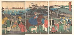 Foreigners Visiting the Famous Site of Mt. Gongen in Kanagawa, Utagawa Yoshikazu (Japanese, active ca. 1850–70), Triptych of woodblock prints; ink and color on paper, Japan