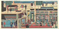 Interior of an American Steamship, Utagawa Yoshikazu  Japanese, Triptych of woodblock prints; ink and color on paper, Japan