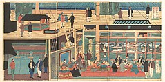 Interior of an American Steamship, Utagawa Yoshikazu  Japanese, Triptych of woodblock prints; ink and color on paper, Japan