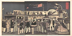 “America”: A Steamship in Transit

, Utagawa Yoshikazu  Japanese, Triptych of woodblock prints; ink and color on paper, Japan