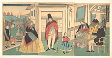 Foreigners Enjoying a Banquet, Utagawa Yoshikazu  Japanese, Triptych of woodblock prints; ink and color on paper, Japan