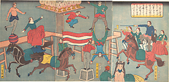 Untitled (Circus in Yokohama), Utagawa Yoshikazu  Japanese, Triptych of woodblock prints; ink and color on paper, Japan