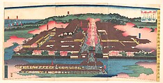 View of the Miyozaki Brothel District in Yokohama, Kanagawa (Kanagwa Yokohama Miyozaki machi yūjoya kōkei), Utagawa Yoshitora  Japanese, Triptych of woodblock prints; ink and color on paper, Japan