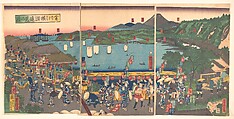 A Distant View of Yokohama from Kanagawa, Utagawa Yoshitora  Japanese, Triptych of woodblock prints; ink and color on paper, Japan