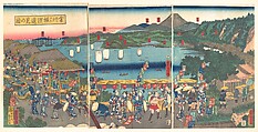 A Distant View of Yokohama from Kanagawa (Kanagawa yōri Yokohama...ken no zu), Utagawa Yoshitora Japanese, Triptych of woodblock prints; ink and color on paper, Japan