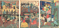 A View of the Amusements of the Foreigners in Yokohama, Bushu, Utagawa Yoshitora Japanese, Triptych of woodblock prints; ink and color on paper, Japan