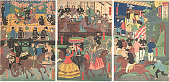 A View of the Amusements of the Foreigners in Yokohama, Bushu, Utagawa Yoshitora Japanese, Triptych of woodblock prints; ink and color on paper, Japan