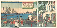 The Port of London England, Utagawa Yoshitora Japanese, Triptych of woodblock prints; ink and color on paper, Japan