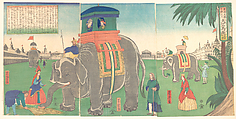 A View of Indian Elephants, Utagawa Yoshitora Japanese, Triptych of woodblock prints; ink and color on paper, Japan