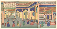 Heidoru (St. Petersberg), Capital of Russia, from the series Famous Places from All Nations (Bankoku meisho zukushi - Oroshiya miyako heidoru), Utagawa Yoshitora Japanese, Triptych of woodblock prints; ink and color on paper, Japan