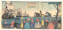England (Igirisukoku), Utagawa Yoshitora Japanese, Triptych of woodblock prints; ink and color on paper, Japan