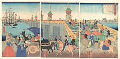Illustration of London, England (Igirisukoku rondon zu), Utagawa Yoshitora Japanese, Triptych of woodblock prints; ink and color on paper, Japan