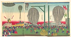 Illustration of a Balloon Ascending (Fūsen shōyō no zu), Utagawa Yoshitora Japanese, Triptych of woodblock prints; ink and color on paper, Japan