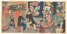 The Five Nations Enjoying a Drunken Revel at the Gankirō Tea House, Utagawa Yoshiiku  Japanese, Triptych of woodblock prints; ink and color on paper, Japan