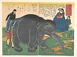 Newly Imported Great Elephant (Shinto hakurai no daizō), Ichiryūsai Yoshitoyo Japanese, Diptych of woodblock prints (nishiki-e); ink and color on paper; vertical ōban, Japan