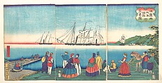Illustration of a Large French Port Trading with Many Nations (Furansukoku oominato shokoku kōeki zu), Tsukioka Yoshitoshi Japanese, Triptych of woodblock prints; ink and color on paper, Japan