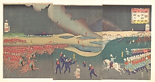 Maneuvers by Three Categories of French and English Soldiers (Furansu Igirisu sanhei ōchōren no zu), Tsukioka Yoshitoshi Japanese, Triptych of woodblock prints; ink and color on paper, Japan