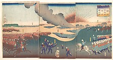 Maneuvers by Three Categories of French and English Soldiers (Furansu Igirisu sanhei ōchōren no zu), Tsukioka Yoshitoshi Japanese, Triptych of woodblock prints; ink and color on paper, Japan