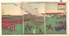 Illustration of Cavalry, Infantry and Soldiers Retreating (Kiheitai, hoheitai, daichōren no zu), Tsukioka Yoshitoshi Japanese, Triptych of woodblock prints; ink and color on paper, Japan