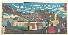 Illustration of Steam Locomotive Tracks at Takanawa, from the series Famous Places in Tokyo (Tōkyō meishō Takanawa-jōki kikansha no zen zu), Tsukioka Yoshitoshi Japanese, Triptych of woodblock prints; ink and color on paper, Japan