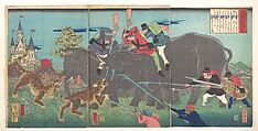 Big Elephants Being Attacked, Isshinsai Yoshikata Japanese, Triptych of woodblock prints; ink and color on paper, Japan