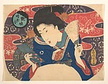 Woman with a Folding Fan and Hand Mirror, from the series Sensuous Young Women of Contemporary Times, Utagawa Kunisada  Japanese, Woodblock print (nishiki-e), Japan