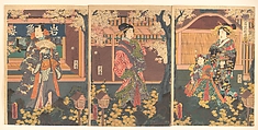 Prince Genji Visits the Gankirō Tea House, Utagawa Kunisada Japanese, Triptych of woodblock prints; ink and color on paper, Japan