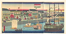 View of the Seafront in Yokohama (Yokohama Kagandori no fūkei), Utagawa Hiroshige III Japanese, Triptych of woodblock prints; ink and color on paper, Japan