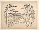 Two Women Admiring the Sights from a Vantage Point Overlooking the Zenpukuji Temple, Utagawa (Gountei) Sadahide  Japanese, Preparatory drawing; ink on paper, Japan