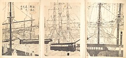 Foreign Ships Offshore at Yokohama, Utagawa (Gountei) Sadahide Japanese, Preparatory drawing for triptych of woodblock prints; ink on paper, Japan