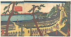 View of Kanagawa on the Tōkaidō Road (Tōkaidō kanagawa no shōkei), Utagawa (Gountei) Sadahide Japanese, Triptych of woodblock prints; ink and color on paper, Japan