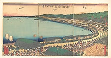 Daimyo's Processions Passing along the Tōkaidō, Utagawa (Gountei) Sadahide  Japanese, Triptych of woodblock prints; ink and color on paper, Japan
