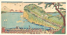 Daimyo's Processions Passing along the Tōkaidō, Utagawa (Gountei) Sadahide  Japanese, Triptych of woodblock prints; ink and color on paper, Japan