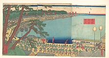 Daimyo's Processions Passing along the Tōkaidō, Utagawa (Gountei) Sadahide  Japanese, Triptych of woodblock prints; ink and color on paper, Japan