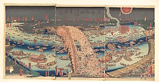 Panoramic View of Ryōgoku Bridge in the Summer, Utagawa (Gountei) Sadahide  Japanese, Triptych of woodblock prints; ink and color on paper, Japan