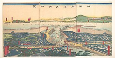 Panoramic Landscape, Utagawa (Gountei) Sadahide (Japanese, 1807–1873), Hexaptych of woodblock prints; ink and color on paper, Japan