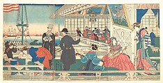 Home of Foreign Merchants in Yokohama, Utagawa (Gountei) Sadahide Japanese, Triptych of woodblock prints; ink and color on paper, Japan