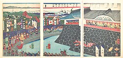 Hideyoshi and His Troops Leaving Nagoya Camp (Mashiba Hideyoshi kō nagoya jin saki te no shoshō kuridashi no zu), Tsukioka Yoshitoshi Japanese, Triptych of woodblock prints; ink and color on paper, Japan