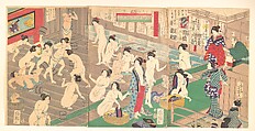 Interior of a Public Bath, Utagawa Yoshiiku  Japanese, Triptych of woodblock prints; ink and color on paper, Japan