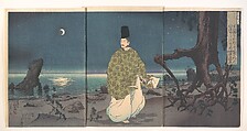 Heian Period Courtier on a Moonlit Beach, Kobayashi Kiyochika  Japanese, Triptych of woodblock prints; ink and color on paper, Japan
