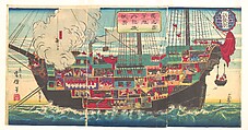Interior of a German Battleship, Unsen  Japanese, Triptych of woodblock prints; ink and color on paper, Japan