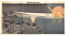 Use of Electricity during the Siege of Pyongyang, Kobayashi Kiyochika  Japanese, Triptych of woodblock prints (nishiki-e); ink and color on paper, Japan