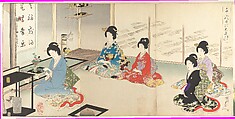Chiyoda Inner Palace: No.20 Flower Arranging in Turn (Chiyoda no Ōoku: Chanoyu mawaribana), Hashimoto Chikanobu  Japanese, Triptych of woodblock prints; ink and color on paper, Japan