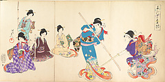 Ladies in Waiting of the Chiyoda Castle: Sword Practice and Puppet Kyōgen, Yōshū (Hashimoto) Chikanobu  Japanese, Triptych from an album of woodblock prints; ink and color on paper, Japan