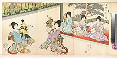 Ladies in Waiting of the Chiyoda Castle: Sword Practice and Puppet Kyōgen, Yōshū (Hashimoto) Chikanobu  Japanese, Triptych from an album of woodblock prints; ink and color on paper, Japan
