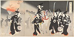 “Evacuation of the Ladies,” from the series The Inner Precincts of Chiyoda Castle (Chiyoda no Ōoku, Otachinoki), Yōshū (Hashimoto) Chikanobu (Japanese, 1838–1912), Triptych of woodblock prints (nishiki-e) from an album of 30 or more leaves; ink and color on paper, Japan