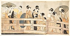 Enjoying the Cool Evening Breeze on and under the Bridge, Kitagawa Utamaro (Japanese, ca. 1754–1806), Three sheets of a hexaptych of woodblock prints; ink and color on paper, Japan