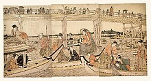 Fishing Boats with Nets under Ryōgoku Bridge, Kitagawa Utamaro  Japanese, Triptych of woodblock prints; ink and color on paper, Japan
