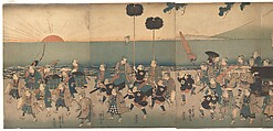 Boys Play-acting a Daimyo Procession, Utagawa Kuniyoshi Japanese, Pentaptych of woodblock prints; ink and color on paper, Japan